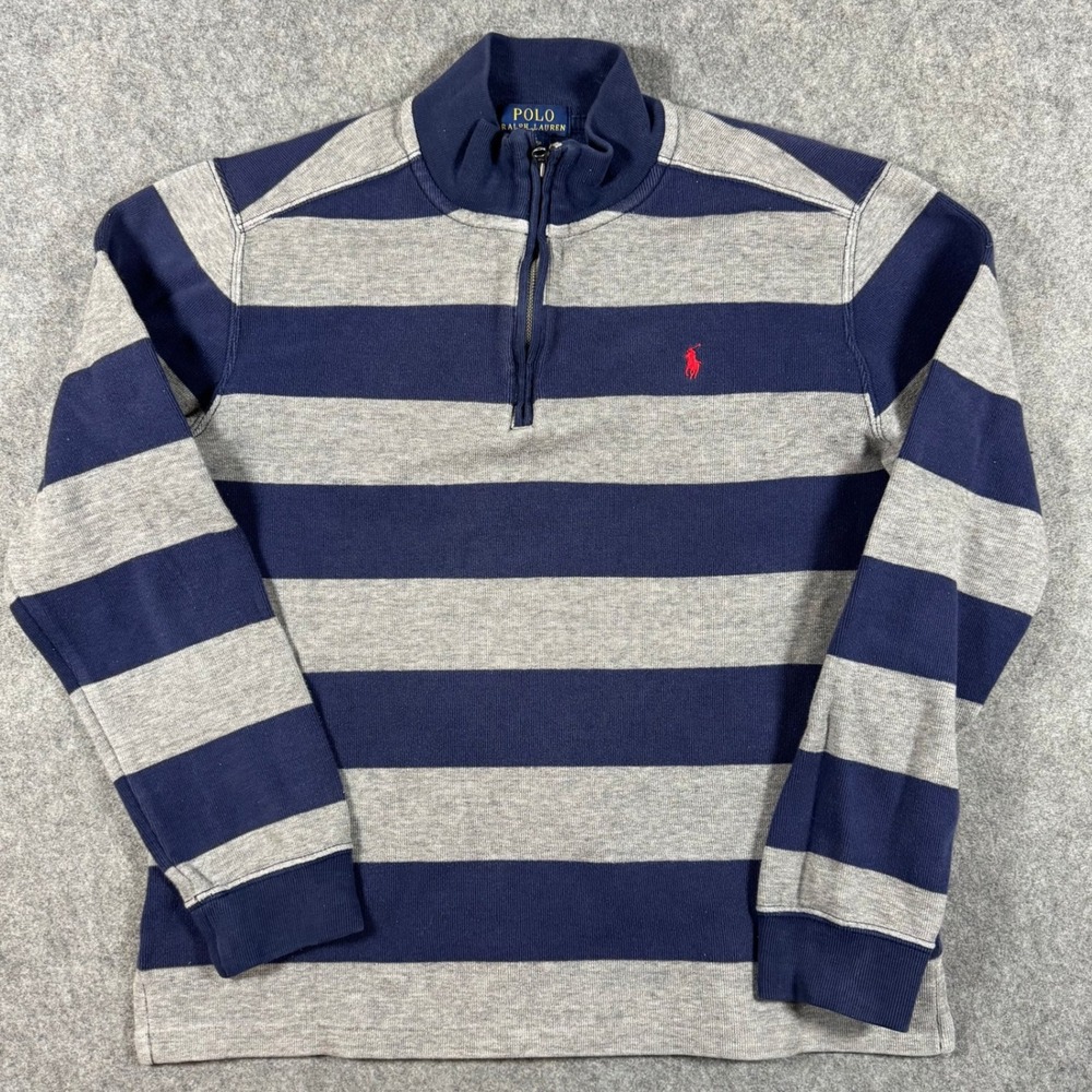 Polo Ralph Lauren Pullover Kids XL 18-20 Navy Gray Striped Quarter-Zip Sweater